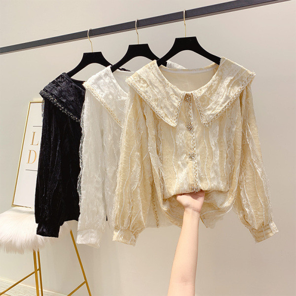 Cămașă elegantă de damă din catifea și dantelă cu pietre în trei culori