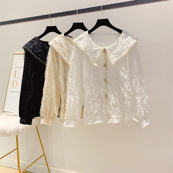 Cămașă elegantă de damă din catifea și dantelă cu pietre în trei culori