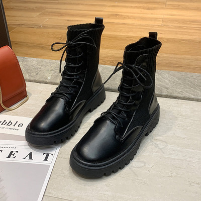 Γυναικείες casual οικολογικές δερμάτινες μπότες σε μαύρο χρώμα με κορδόνια