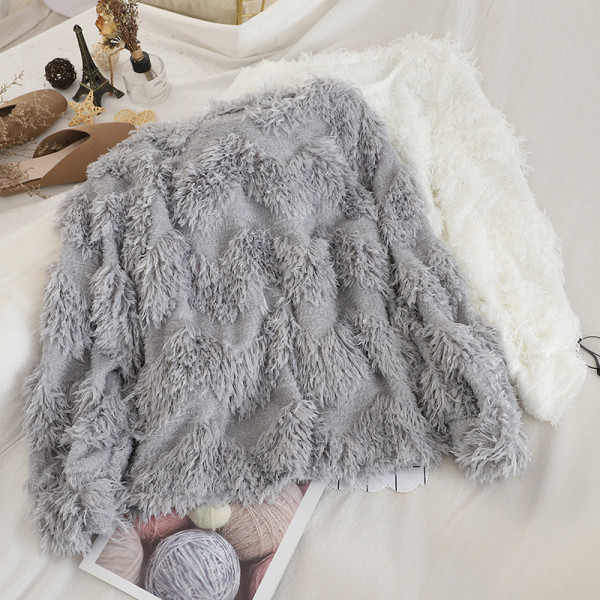 Modern női pulóver fehér és szürke színben, ovális nyakkivágással