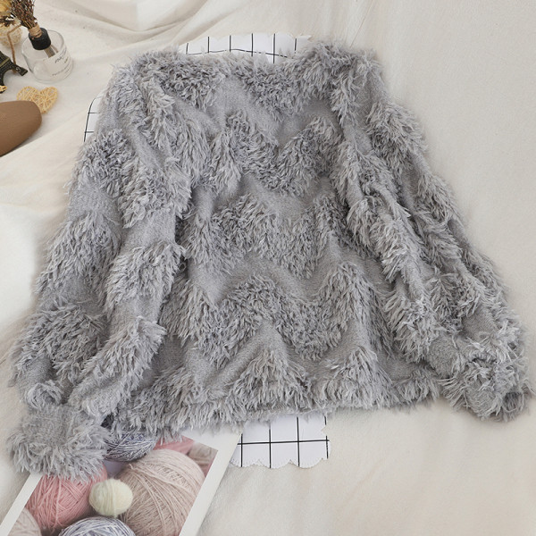 Modern női pulóver fehér és szürke színben, ovális nyakkivágással