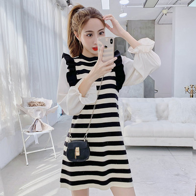 Γυναικείο ριγέ φόρεμα με μακριά μανίκια σε δύο χρώματα