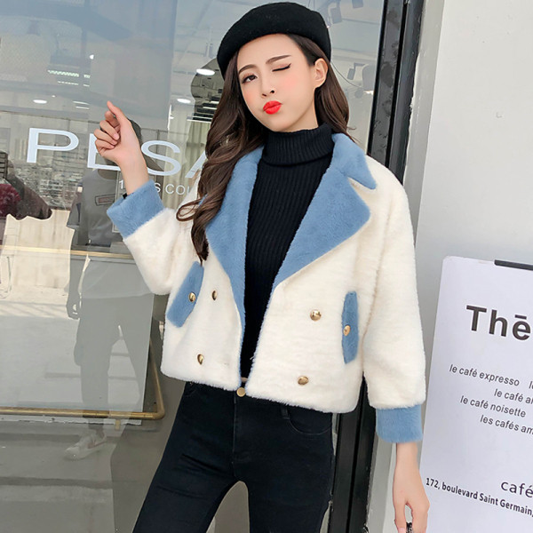 Női téli kabát spitz nyakkivágással, kék és rózsaszín színben