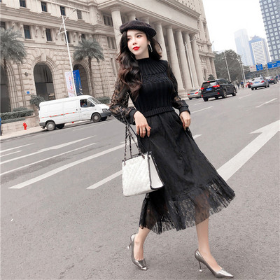 Γυναικείο φόρεμα δαντέλα με μακριά μανίκια σε ροζ χρώμα