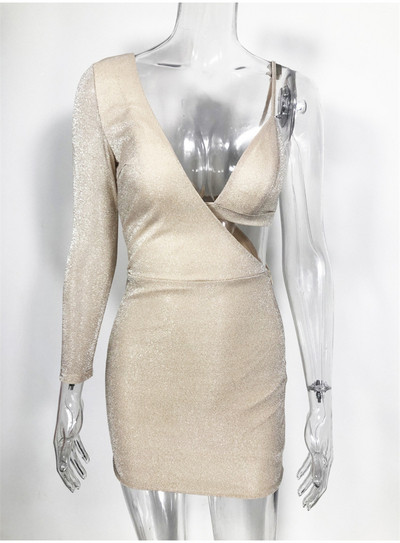 Κομψό γυναικείο φόρεμα με κορδόνι  με γιαλιστερό εφέ σε μπεζ χρώμα