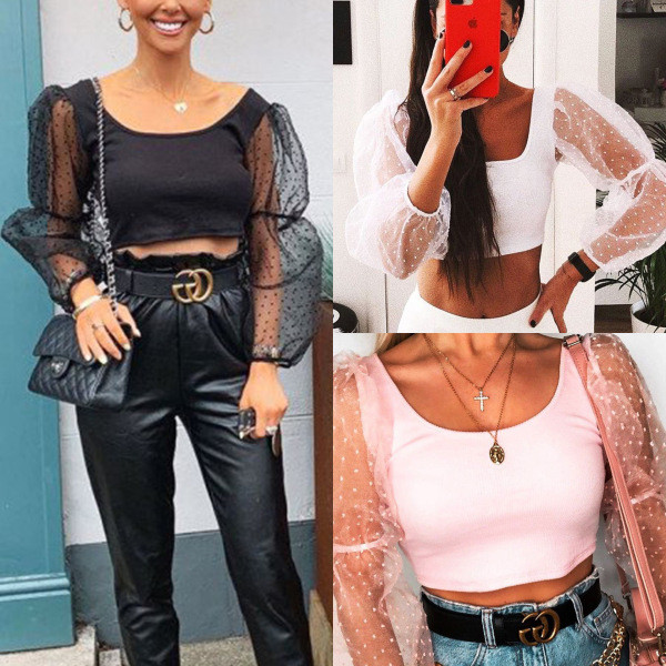 Modern női blúz, hosszú átlátszó ujjakkal, fekete, fehér és rózsaszín színben