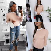 Μοντέρνα γυναικεία μπλούζα με μακριά μανίκια και πέρλες  σε ροζ χρώμα