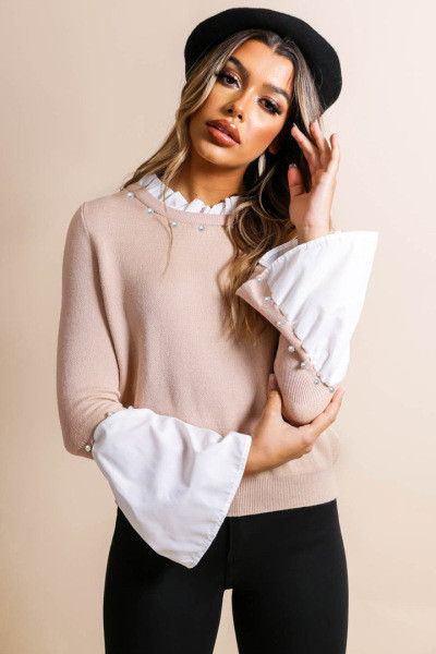 Μοντέρνα γυναικεία μπλούζα με μακριά μανίκια και πέρλες  σε ροζ χρώμα