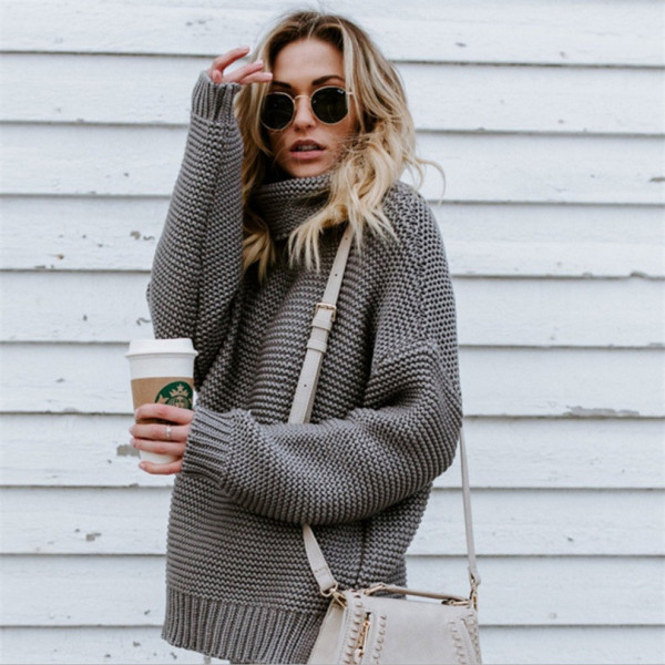 Καθημερινό γυναικείο πουλόβερ με μεγάλο κολάρο και μακριά μανίκια σε δύο χρώματα