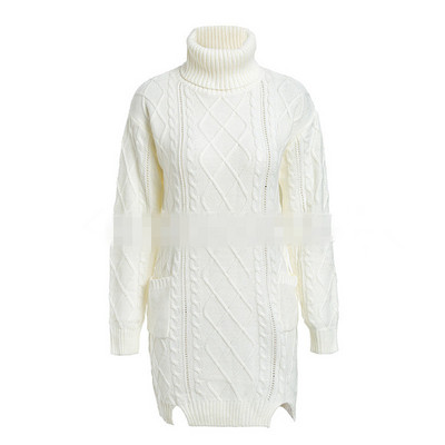 Μοντέρνο γυναικείο πουλόβερ  με μεγάλο κολάρο και μακρύ μανίκι σε λευκό και μπεζ χρώμα