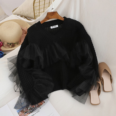 Γυναικείο πουλόβερ σε τέσσερα χρώματα με τούλι και V-λαιμόκοψη