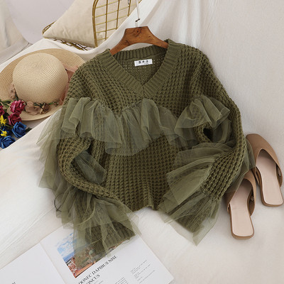 Γυναικείο πουλόβερ σε τέσσερα χρώματα με τούλι και V-λαιμόκοψη