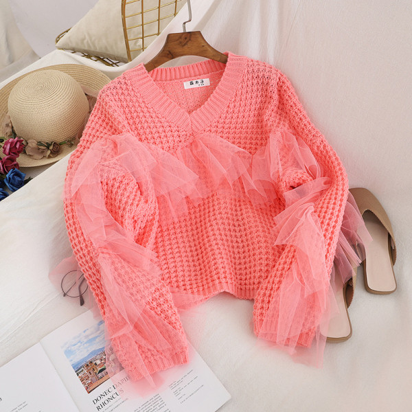 Γυναικείο πουλόβερ σε τέσσερα χρώματα με τούλι και V-λαιμόκοψη