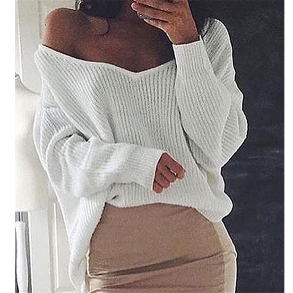 Modern női pulóver leejtett ujjakkal, fekete, fehér és barna színben