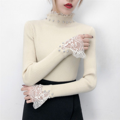 Σύγχρονη γυναικεία μπλούζα σε τέσσερα χρώματα με πέρλες και δαντέλα