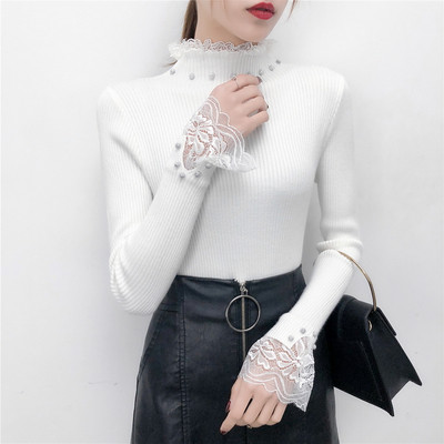 Σύγχρονη γυναικεία μπλούζα σε τέσσερα χρώματα με πέρλες και δαντέλα