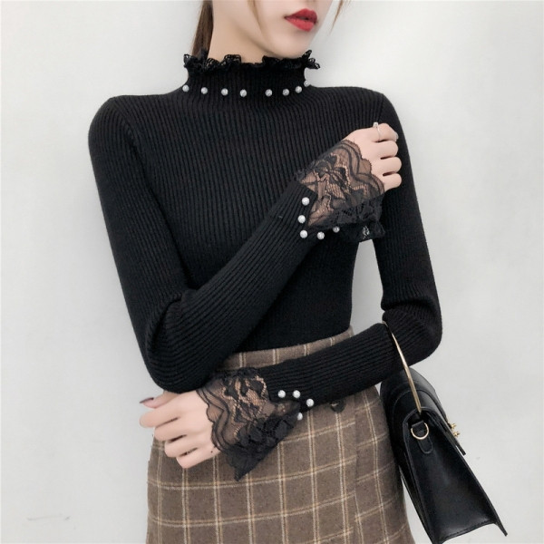 Σύγχρονη γυναικεία μπλούζα σε τέσσερα χρώματα με πέρλες και δαντέλα