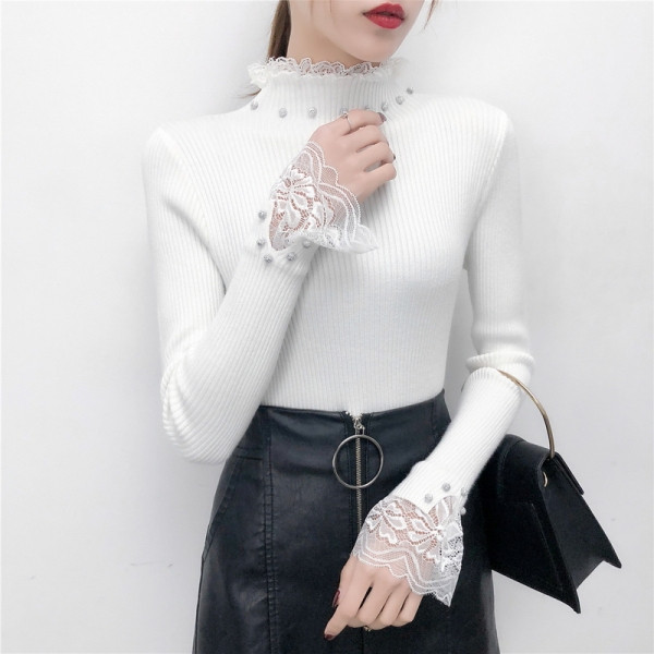 Σύγχρονη γυναικεία μπλούζα σε τέσσερα χρώματα με πέρλες και δαντέλα