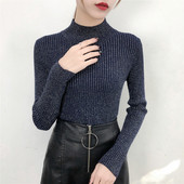 Modern női pulóver három színben polo gallérral és fényes hatással