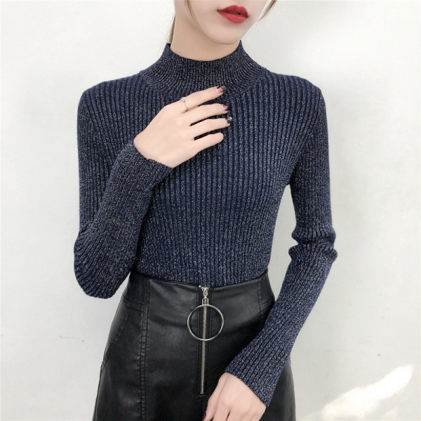 Modern női pulóver három színben polo gallérral és fényes hatással