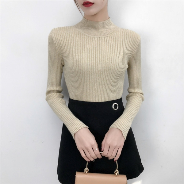 Modern női pulóver három színben polo gallérral és fényes hatással