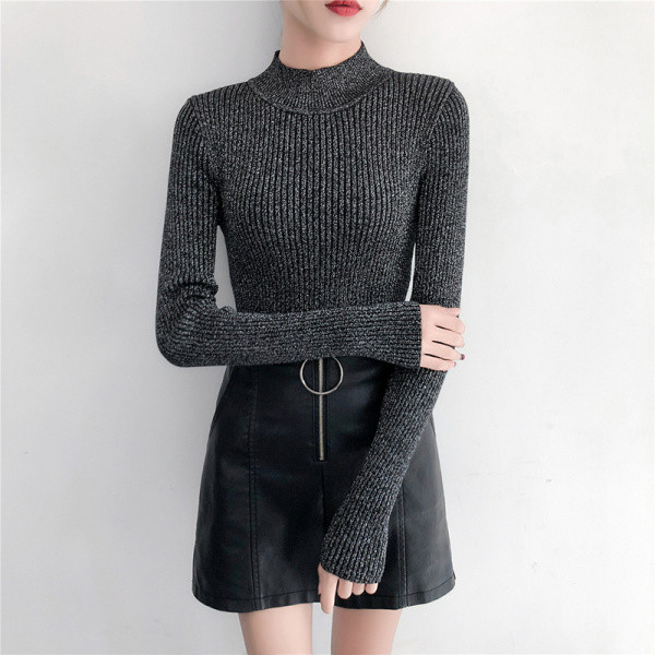 Modern női pulóver három színben polo gallérral és fényes hatással