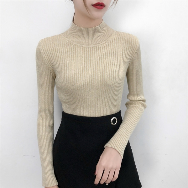 Modern női pulóver három színben polo gallérral és fényes hatással