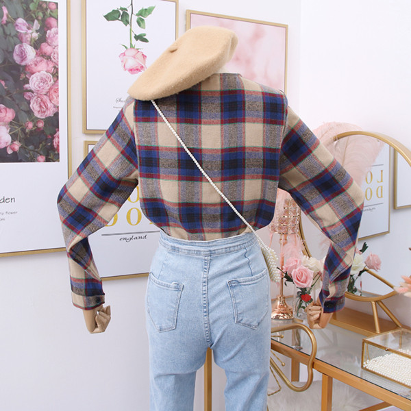 Új modell női kockás blúz spitz nyakkivágással