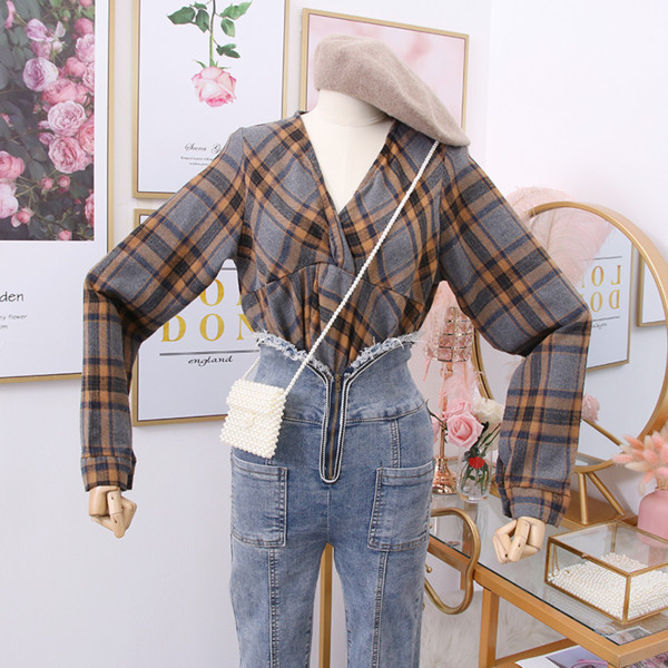 Új modell női kockás blúz spitz nyakkivágással