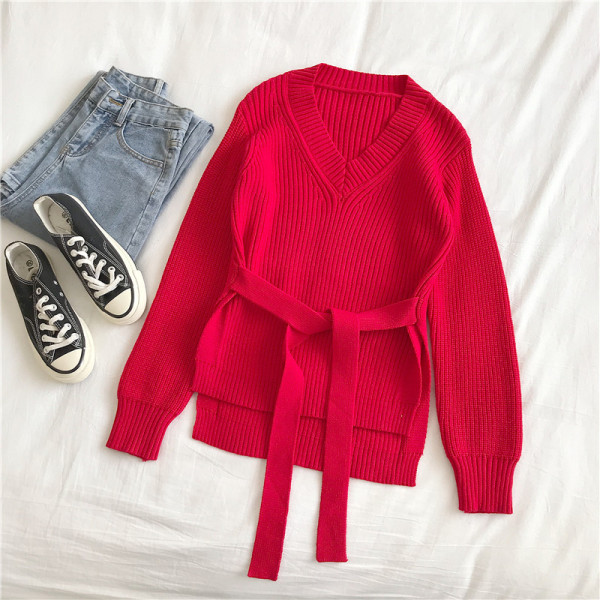 Μοντέρνο  γυναικείο πουλόβερ σε τρία χρώματα με V-neckline και κορδόνια