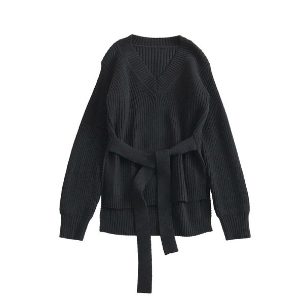 Μοντέρνο  γυναικείο πουλόβερ σε τρία χρώματα με V-neckline και κορδόνια