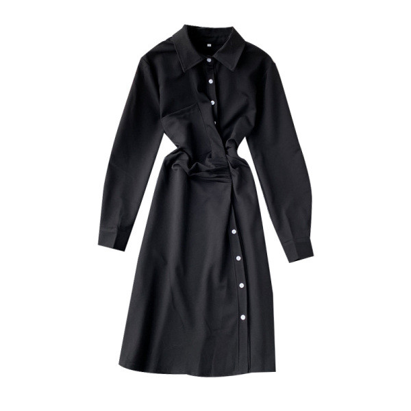 Modern női ruha hosszú ujjal és gombokkal kék, fekete és bézs színben