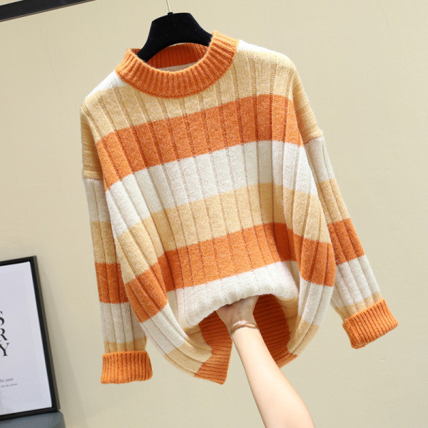 Γυναικείο ριγέ πουλόβερ χειμωνιάτικο με στρογγυλό λαιμόκοψη