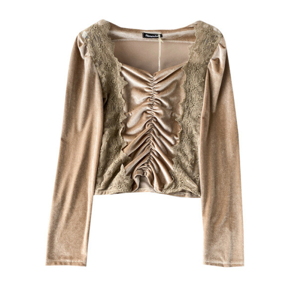 Modern női blúz négyzet alakú nyakkivágással és bézs színű csipkével