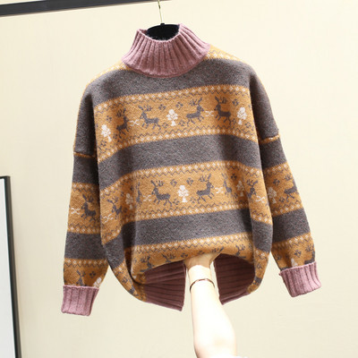 Női alkalmi pulóver magas gallérral és színes rátéttel