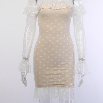 Γυναικείο κοντό φόρεμα μόδας με μανίκια και τούλι σε μαύρο και μπεζ χρώμα