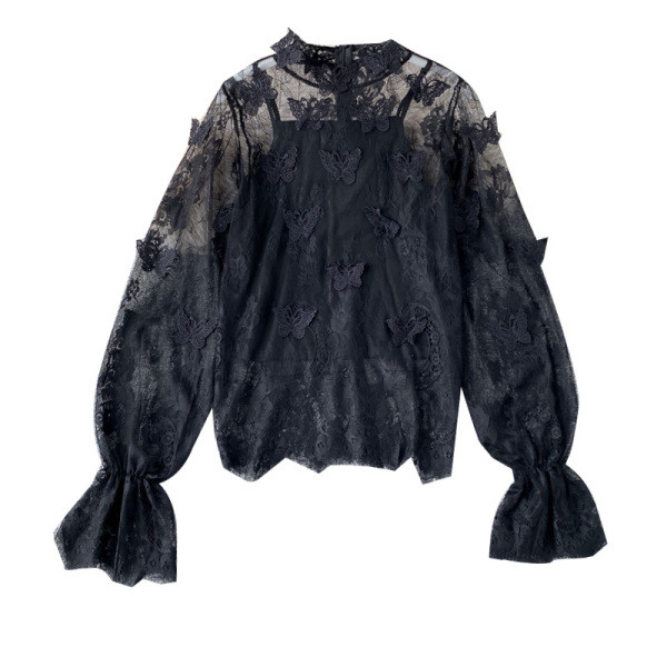 Modern női csipkeblúz fekete-fehér hímzéssel