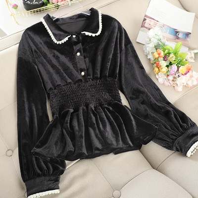 Μοντέρνο γυναικείο πουκάμισο βελούδο με κλασικό γιακά σε μαύρο και ροζ  χρώμα