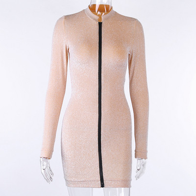 Γυναικείο casual σύντομο φόρεμα με φερμουάρ και μακρύ μανίκι σε μπεζ χρώμα