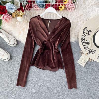 Modern női blúz spitz nyakkivágással és hosszú ujjú, különböző színekben