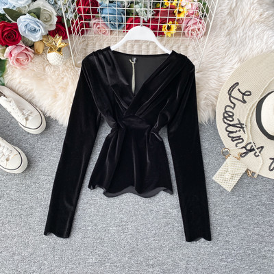 Modern női blúz spitz nyakkivágással és hosszú ujjú, különböző színekben