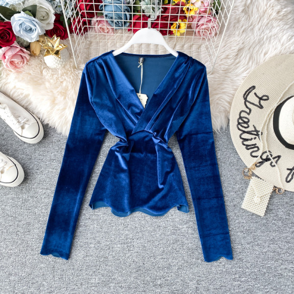 Modern női blúz spitz nyakkivágással és hosszú ujjú, különböző színekben