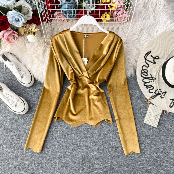 Modern női blúz spitz nyakkivágással és hosszú ujjú, különböző színekben