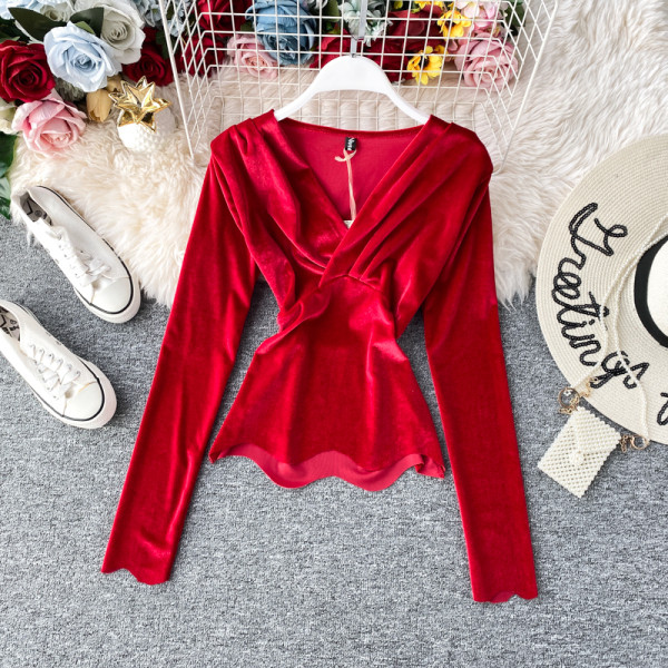 Modern női blúz spitz nyakkivágással és hosszú ujjú, különböző színekben