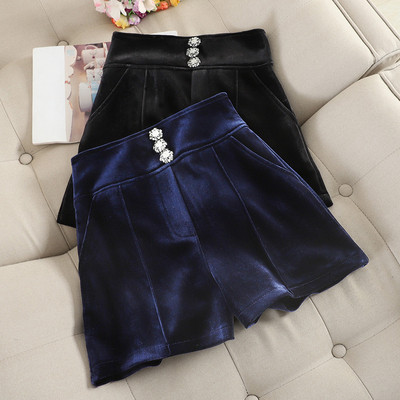 Къси дамски зимни панталони от кадифе в черен и син цвят