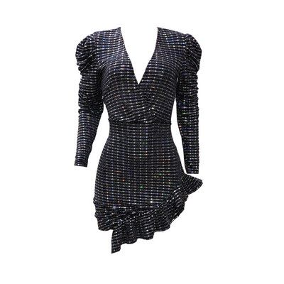 Elegáns női rövid ruha, hosszú ujjú, fényes hatású kék színben