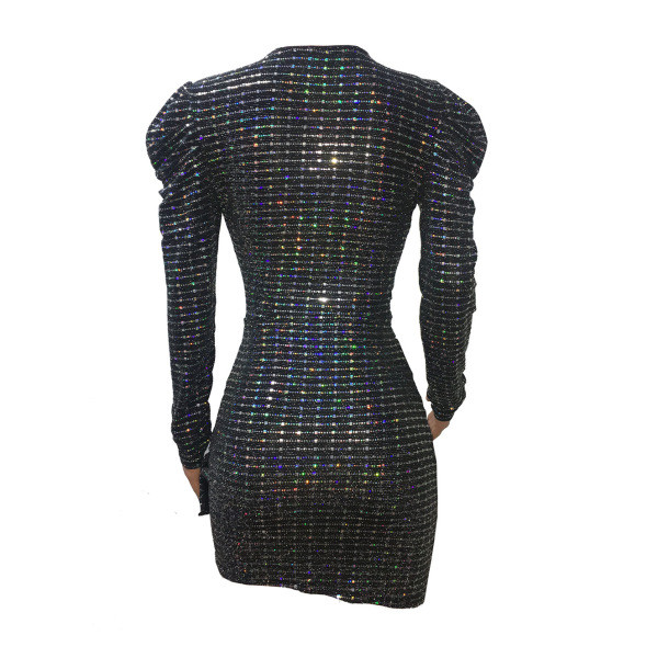 Elegáns női rövid ruha, hosszú ujjú, fényes hatású kék színben