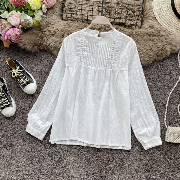 Μοντέρνο γυναικείο πουκάμισο με μακριά μανίκια και με  κέντημα σε λευκό χρώμα