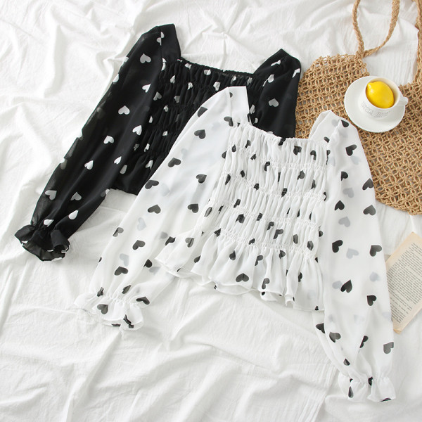 Modern női blúz sifon szívecskékkel és négyzet alakú nyakkivágással több színben - testhezálló modell