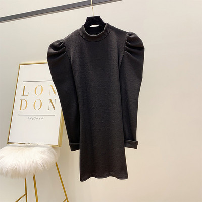 Őszi-téli női retro ruha, Karcsú modell vékony kötésből készült polár ujjal fekete és szürke színben